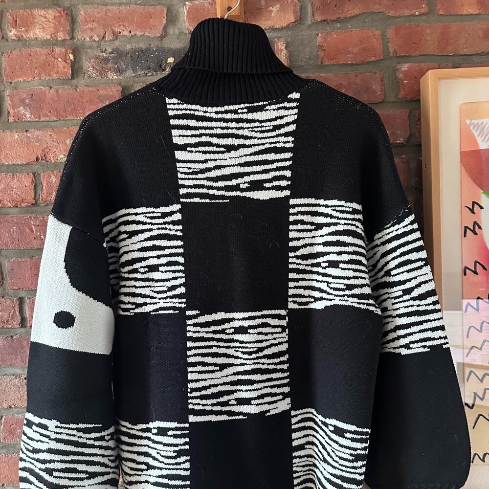STAUD Zedd Abstract Yin Yang Zebra Balloon Sleeve Turtleneck Sweater